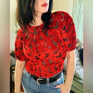 Red and Black Cache Textured Knit Top